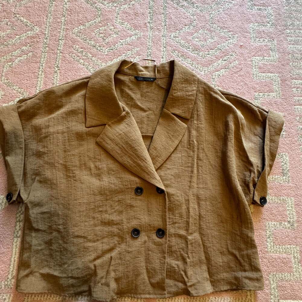 Zara Short Sleeve Double Breasted Crop Blazer Top, Bronze Brown - Medium